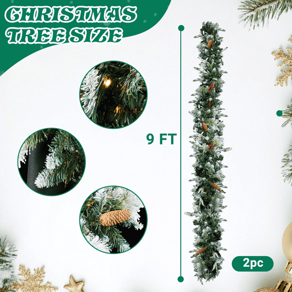 2-Pack 9FT Pre-Lit Snow Flocked Christmas Garlands, 440 Branch Tips, 200 Warm White LEDs for Indoor/Covered Outdoor (Mantel/Staircase)