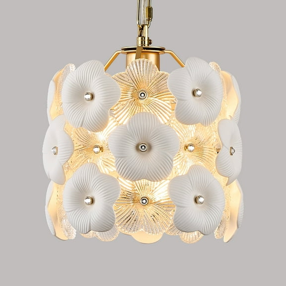 Gold Glass Pendant Light with White Ceramic Flowers, 1-Pack Luxury Small Ceiling Pendant Light Fixture 1-Light for Kitchen Island Sink Dining Room Entryway Hallway, E26