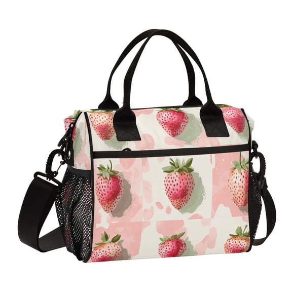 Ckdifva Pink Straberrys in Grids Cooler Bag Cooler Cooling Tote Lunch Bag Lunch Box Front Pocket with Shoulder Strap