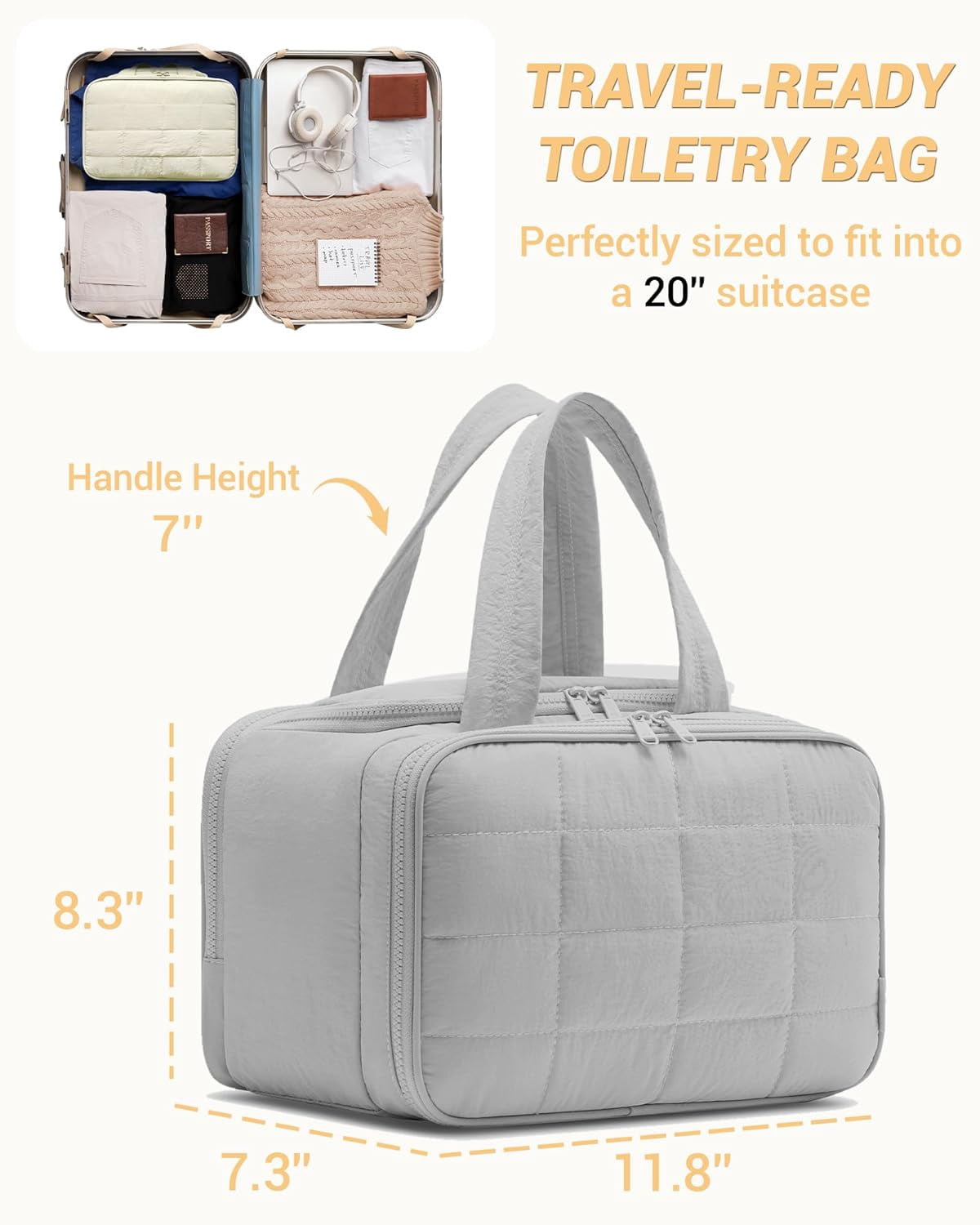 Travel Toiletry Bag, Makeup Bag Puffy Wide-open Quilted Bag for Women, Lightweight Cosmetic Bag Organizer with Handle for Traveling, Accessories, Essentials Toiletries Grey