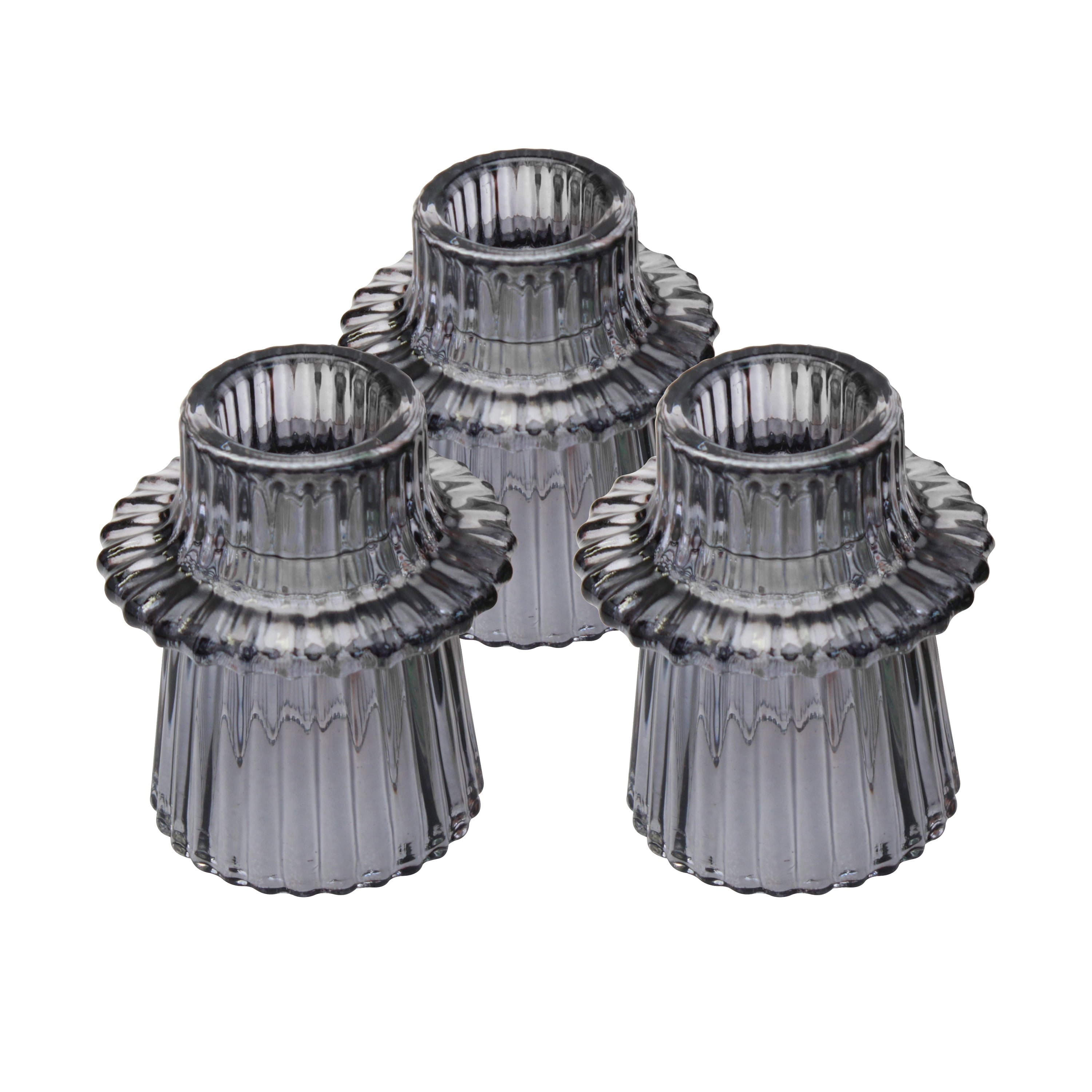 (3 pack) Mainstays Decorative Smoke Glass Ribbed Taper Tealight Candleholder, Set of 3, 3"