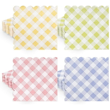 XD4-200 Pcs Easter Paper Napkins Spring Pastel Checkered Paper Napkins Colorful Buffalo Plaid Disposable Napkins Gingham Scalloped Luncheon Dinner Napkins for Easter Spring Party Table*04