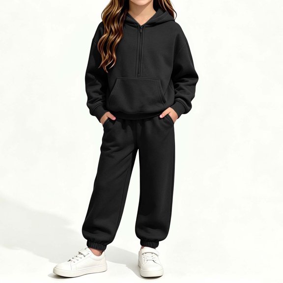 BRGZLK Boys Girls Hoodie Sweatsuit Set Trendy Solid Color Long Sleeve Half Zip Pullover Sweatshirt and Sweatpants Comfort Warm Tracksuit Fall Winter Clothes for Daily Wear 2026 Black 7-8 Years