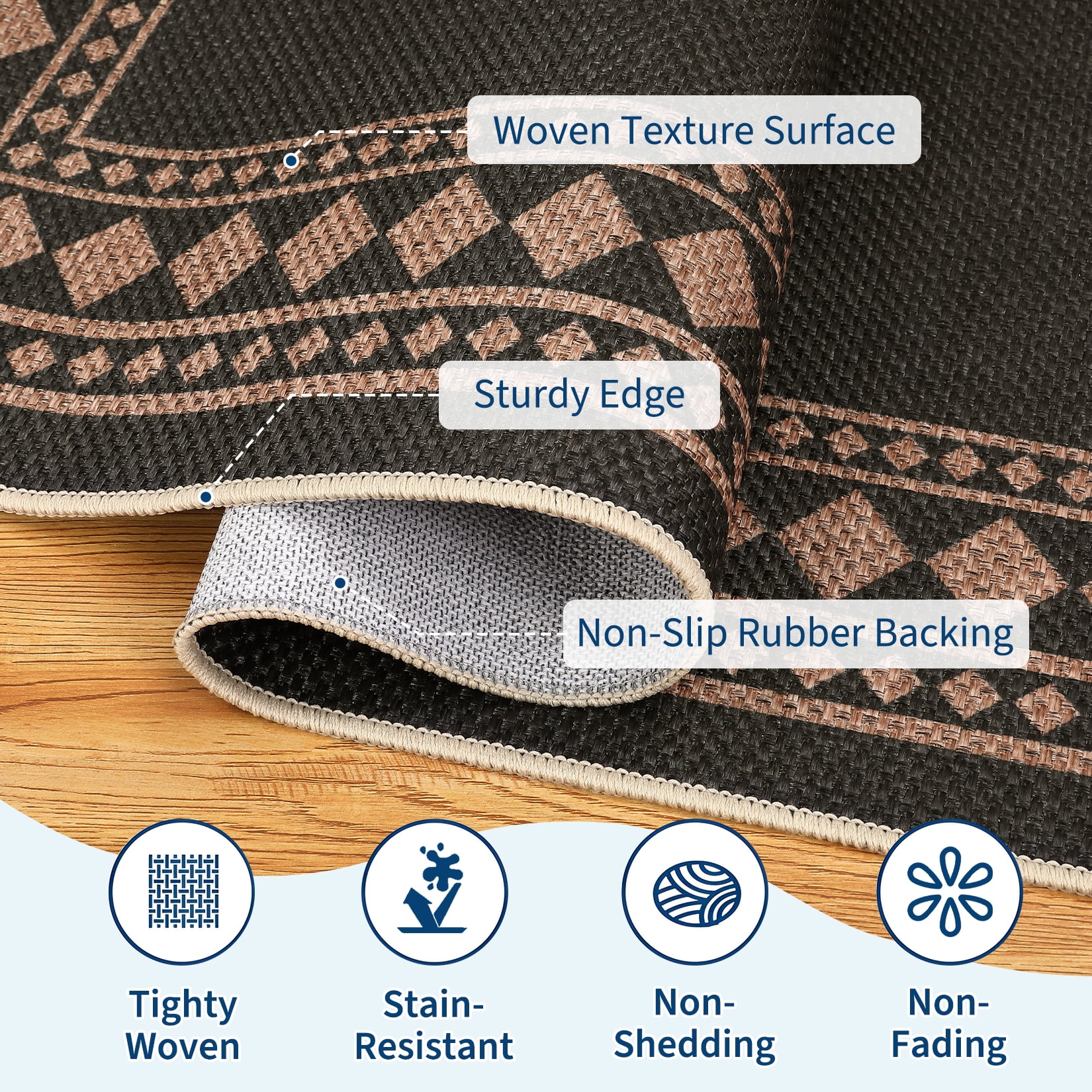Garvee 2'x6' Modern Bordered Rug Solid Runner Rug, Geometric Washable Rugs Stain Resistant Low Pile Rug Non Slip Indoor Outdoor Carpet for Hallway Bedroom Home Office, Black and Coffee
