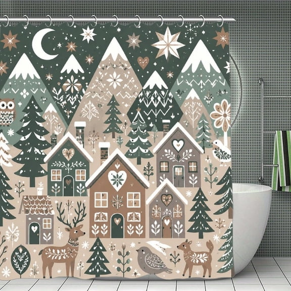 Cozy Christmas Village Print Shower Curtain,Cloth Fabric Waterproof Polyester Bathroom Home Decor Set with Hooks 70.8×70.8Inch