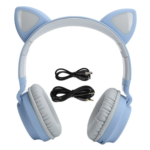 Auriculares inalámbricos con orejas de gato, luz LED 3D, Bluetooth 5.0, plegables, con micrófono, color gris y azul.