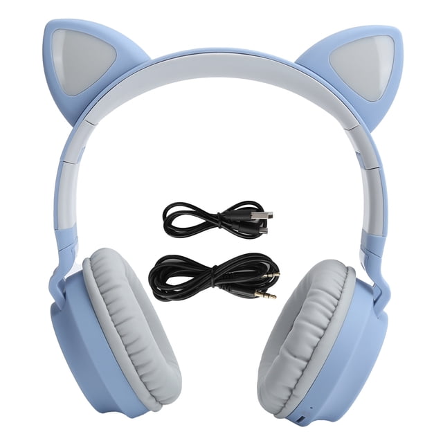 Auriculares inalámbricos con orejas de gato, luz LED 3D, Bluetooth 5.0, plegables, con micrófono, color gris y azul.