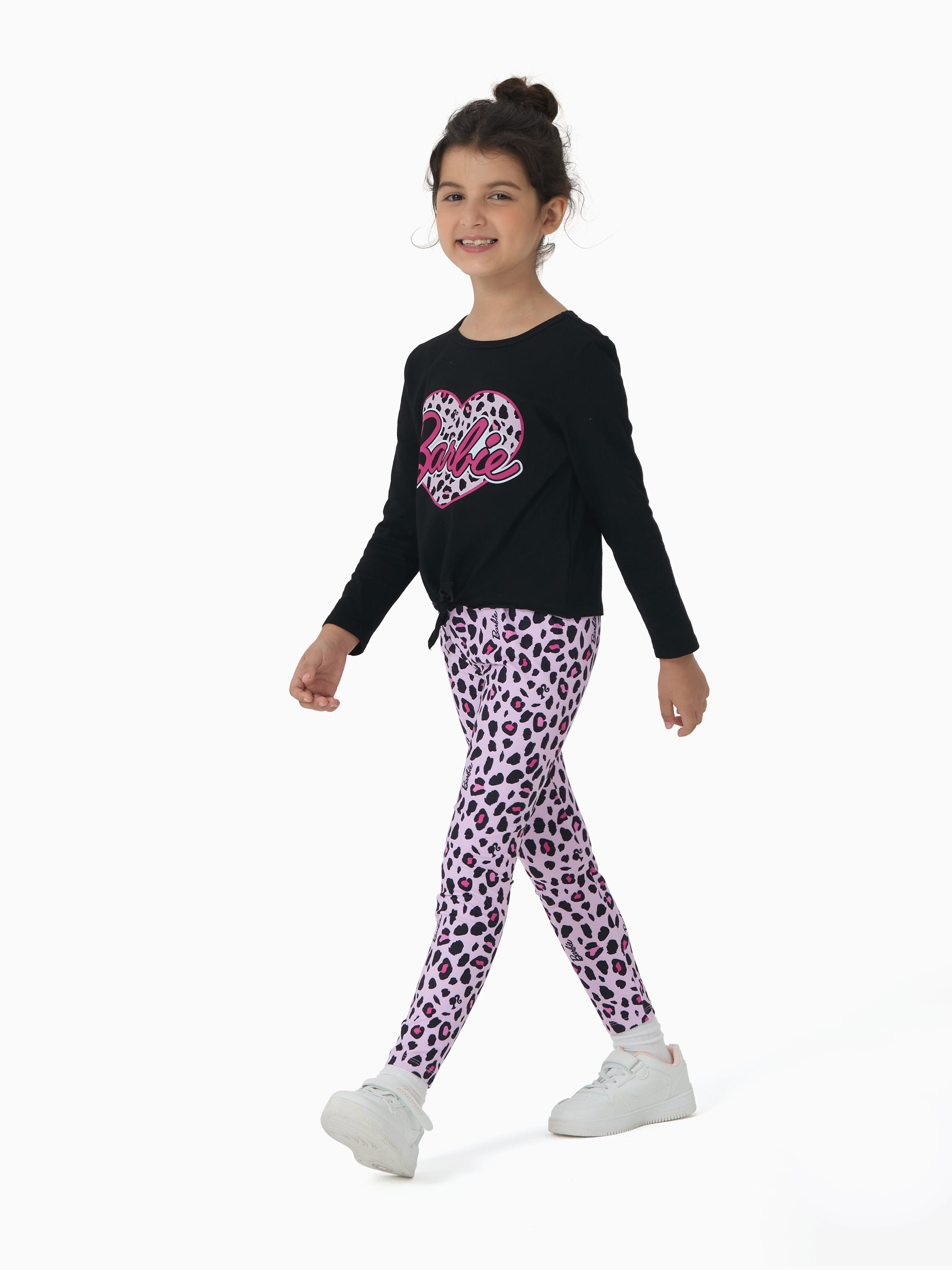 Barbie Girls Long Sleeve Graphic Tee Leopard Heart And Legging 2Pcs Casual Outfit Set Black Pink Sizes 5-12Y