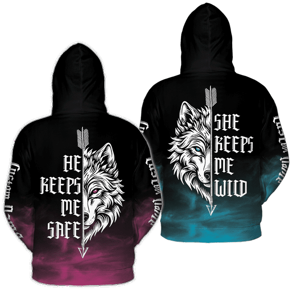 Lotusprinthandmade Personalized Valentine’s Day Wolf Couple Hoodie 3D (Lightweight) S-5XL Multicolor (S) – Valentine Gift Hoodie