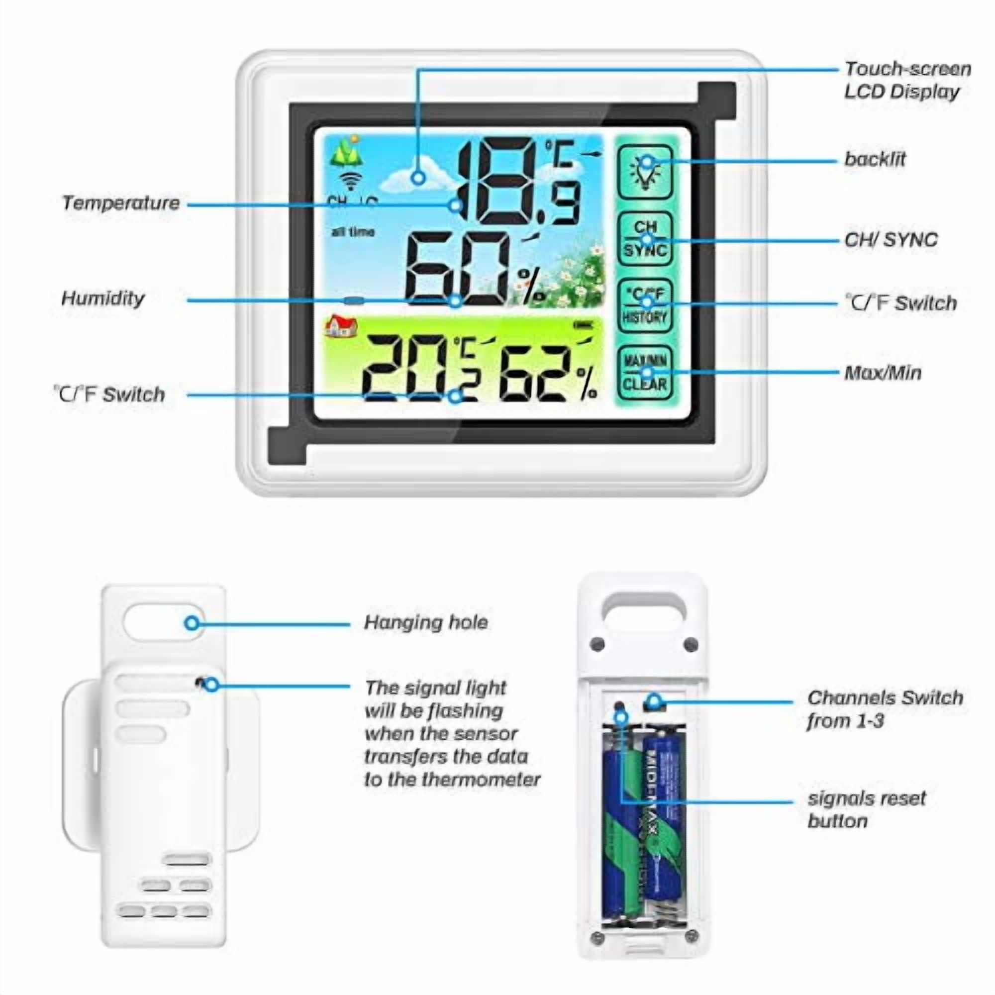 Wireless Weather Station Indoor Outdoor Thermometer with Remote Sensor,Digital Temperature and Humidity Monitor with LCD Backlight,Touchscreen,Min/Max Records for Home,Office,Baby Room