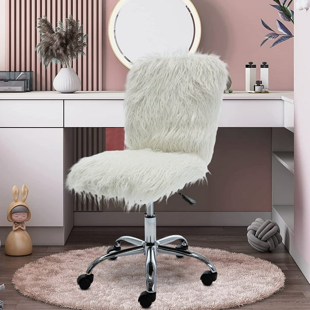 SESSLIFE Faux Fur Vanity Chair, Modern White Furry Makeup Desk Chairs