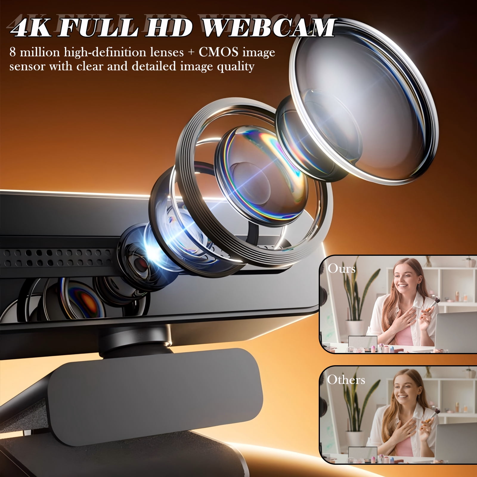RONY 4K Autofocus Webcam with Ring Light, Plug & Play Computer Camera with Microphone for PC Laptop Video Streaming, Black