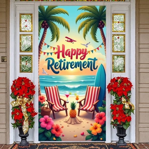 Tropical Happy Retirement Banner Beach Themed Retirement Celebration Display Palm Tree Decor Coastal Retirement Backdrop for Retired People Beach Parties Retirement Celebrations