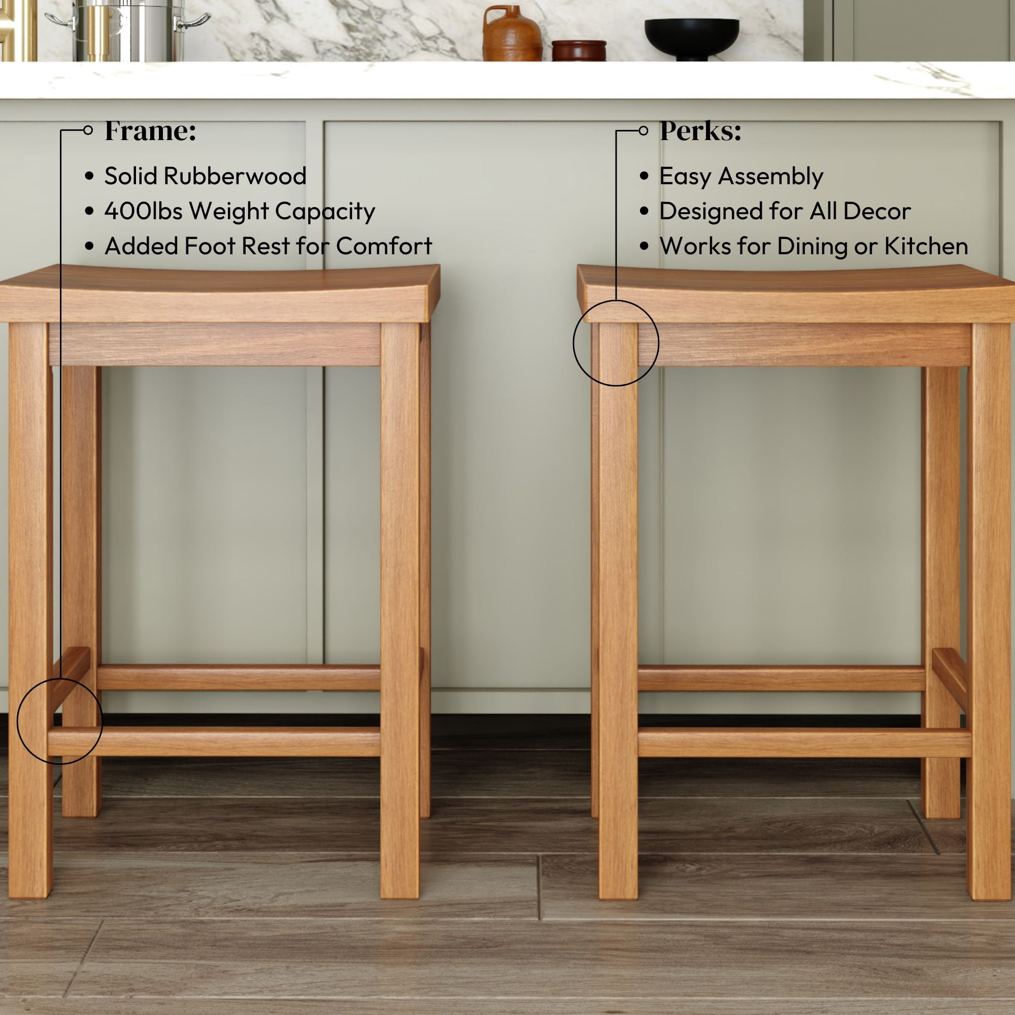 Now Furniture 24" Counter Stool, Set of 2 Wooden Backless Bar Height Kitchen Stool, Pecan