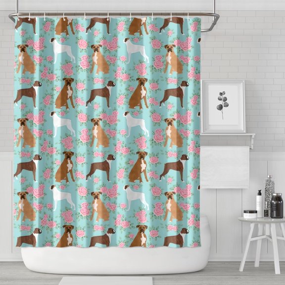 Cute Boxer Dog and Flowers Florals Shower Curtain 72"x84" ,Bathroom Decorative Shower Curtains Set with 12 Hooks,Modern Waterproof Washable Shower Curtain