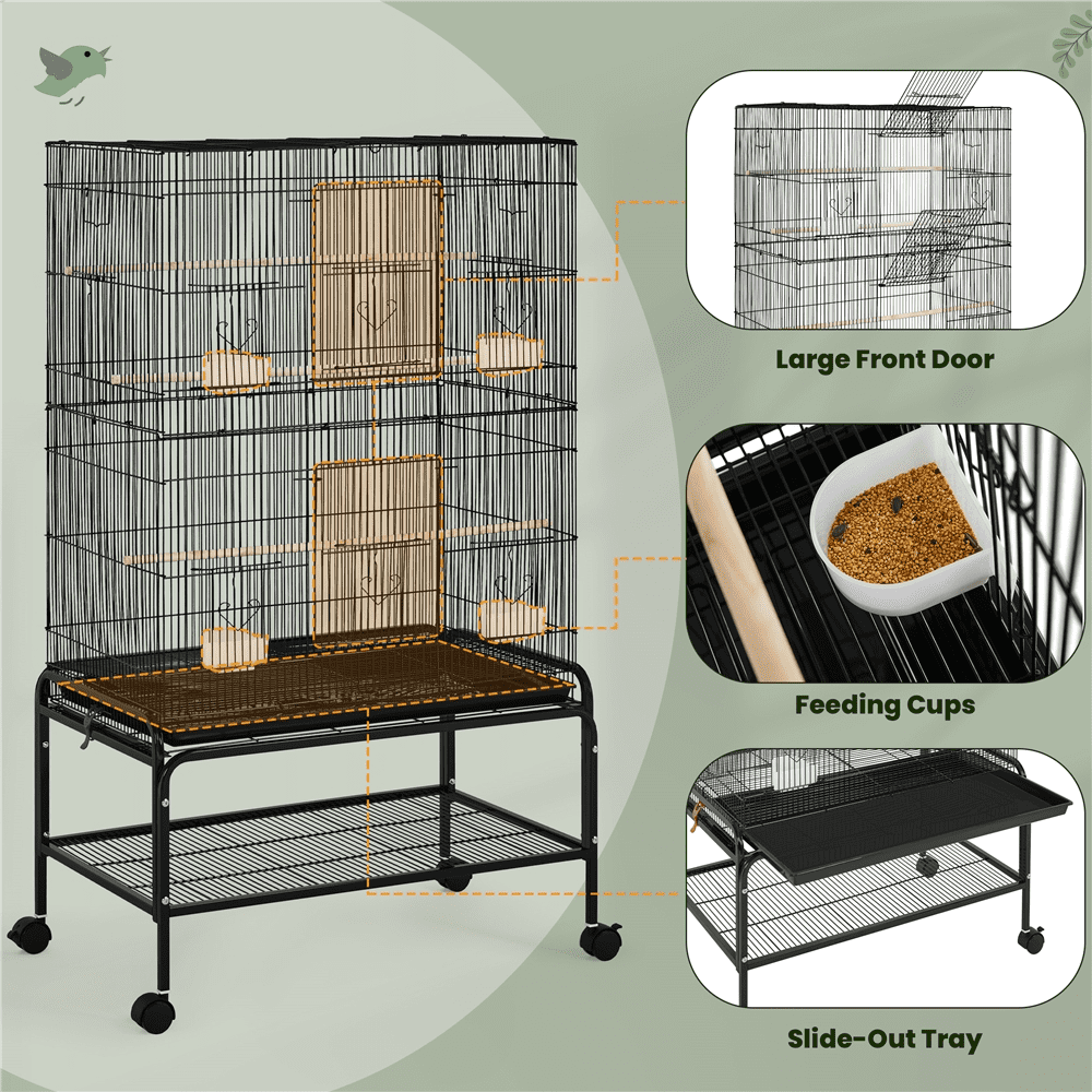 Alden Design 53″ H Rolling Metal Parrot Birdcage with 3 Perches & 4 Feeders, Black