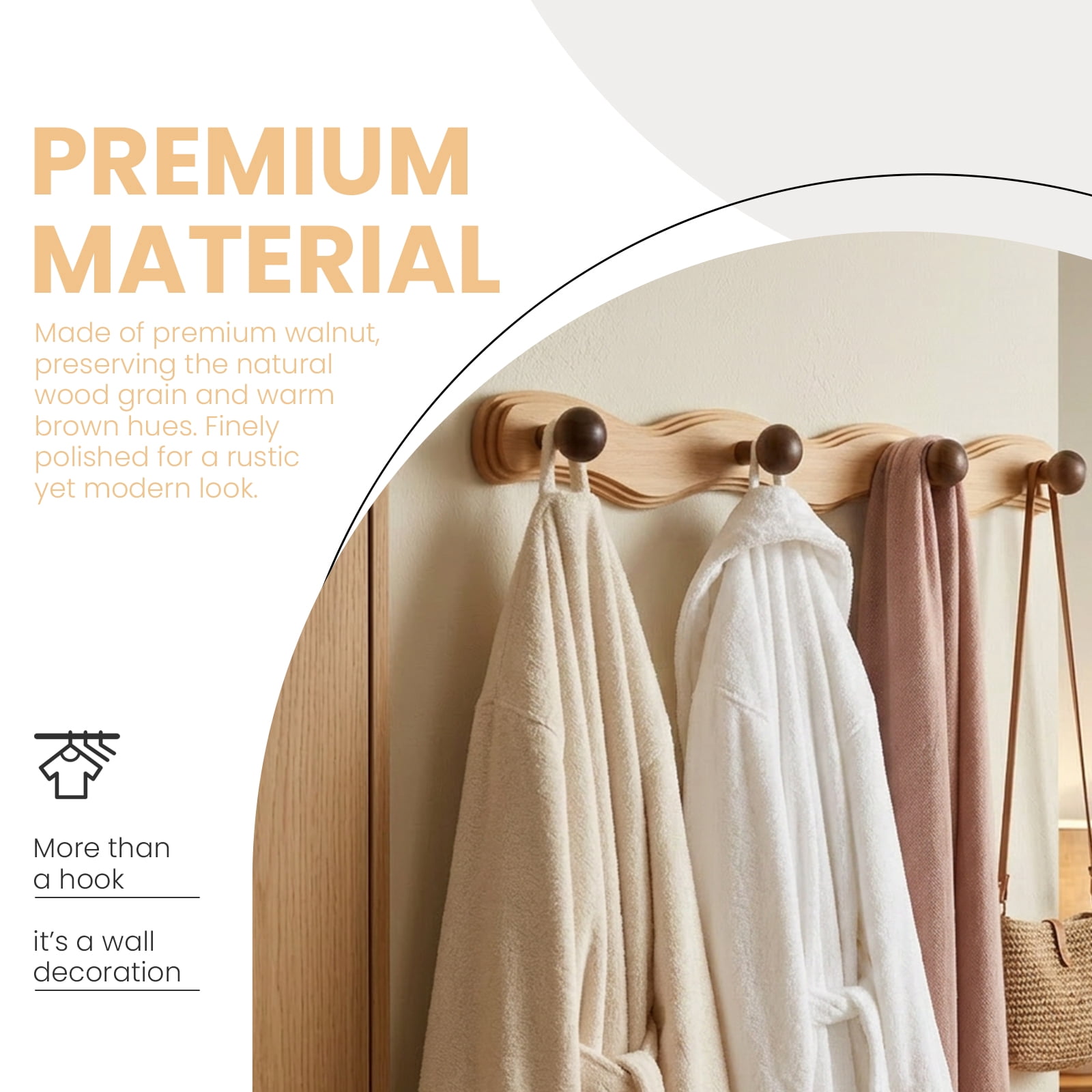 Wood Wall Mounted Coat Rack with 6 Hooks Wooden Hangers Wall Hook for Entryway Bathroom Bedroom Kitchen for Hanging Clothes Keys Robes Purse Towels Bags