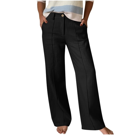 POROPL Linen Pants Women,Casual Baggy Wide Leg Pants Button-Up Waist Pleated Trousers
