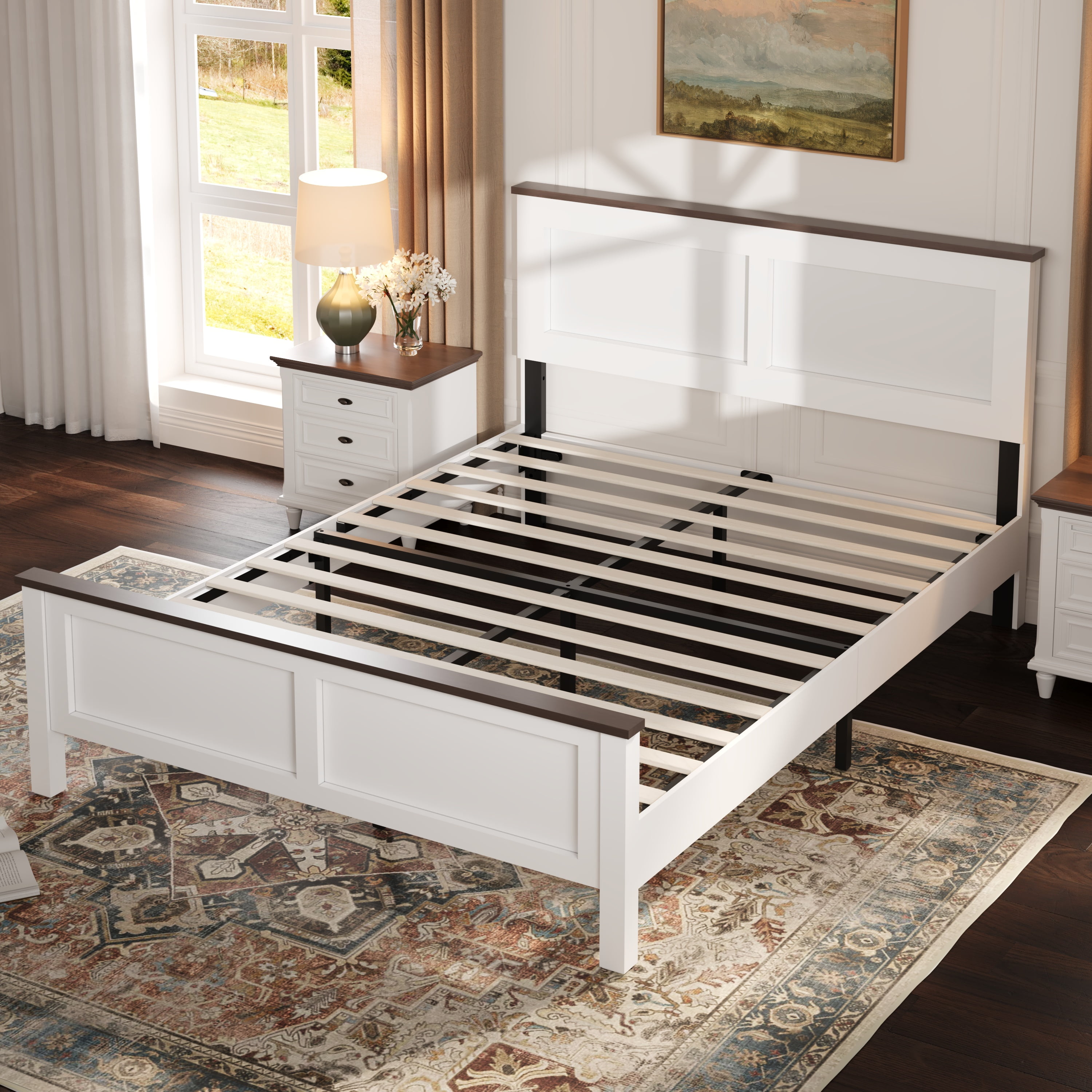 UHOMEPRO Full Size Bed Frame, Wood Platform Bed with Headboard and Footboard, Full Bed Frame with Wooden Slats, Holds 500lbs, Easy Assembly, No Box Spring Needed, Brown and White