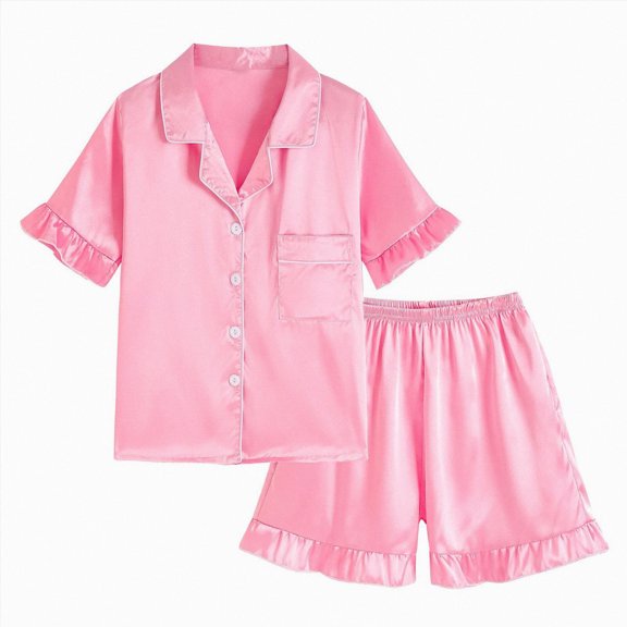WUANDIXFA Girls Pajamas Silk Satin Pajama 4-15 Years Sleepwear Button Down Pj Set Loungewear Ruffle Sleepwear,Pink,12-13 Years