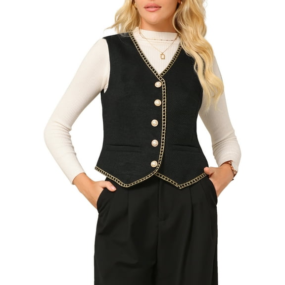 INSPIRE CHIC Women's Tweed Blazer Vest Sleeveless Button Down V Neck Casual Business Waistcoat S Black