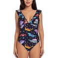 thumbnail image 2 of Yiaed Cartoon Dinosaur Print Women's Ruffled One Piece Swimsuit V Neck Swimwear Slimming Monokini for Woman-XX-Large, 2 of 8