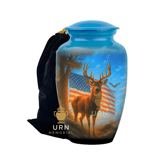 deer American Flag Cremation Urn for Adult Ashes – Patriotic Memorial Urn Honoring Veterans – Handcrafted Aluminum Tribute with USA Flag Design