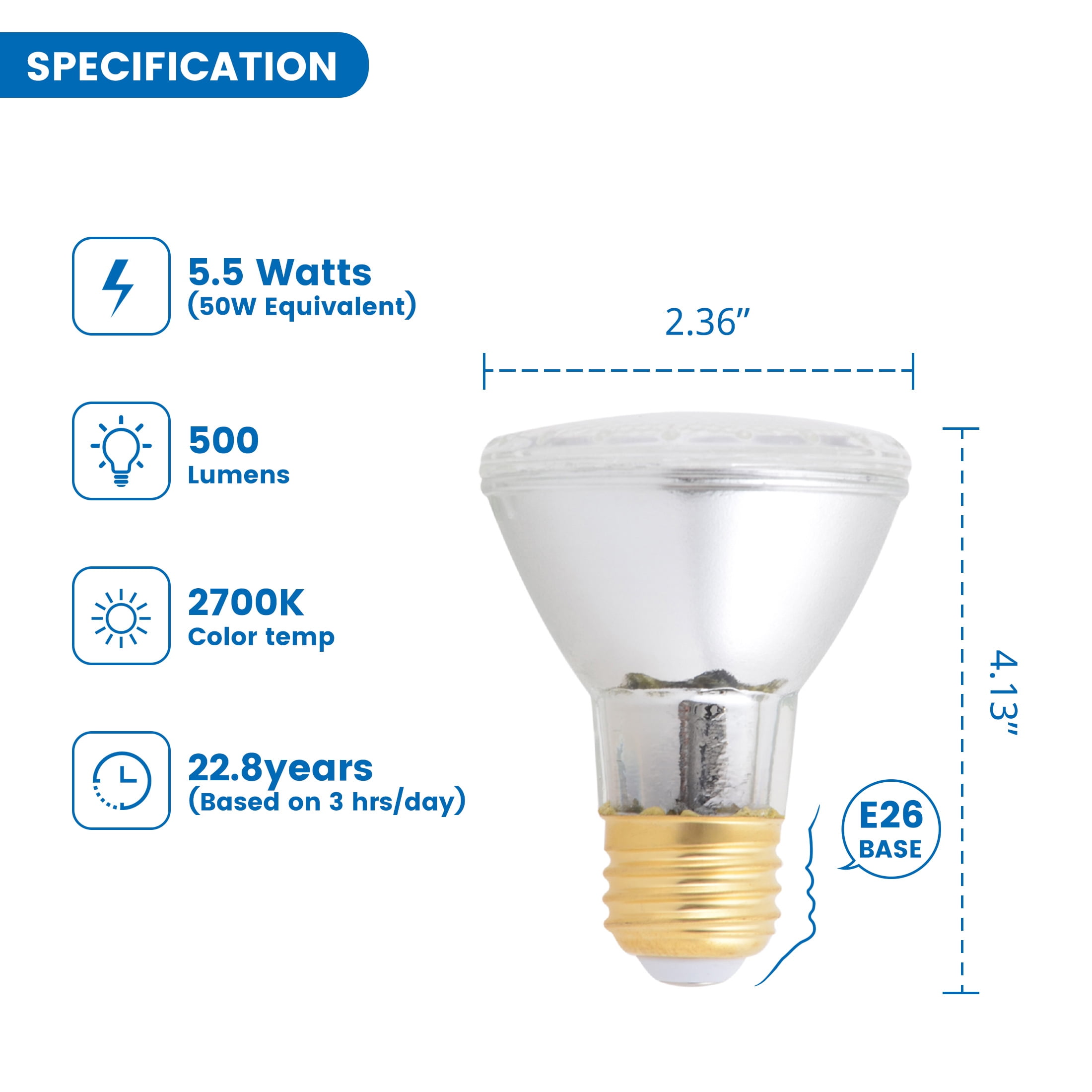 Great Value PAR20 LED Indoor Dimmable Floodlight Bulb, 5.5W (50W Equiv.), E26 Base Soft White, 2PK CA
