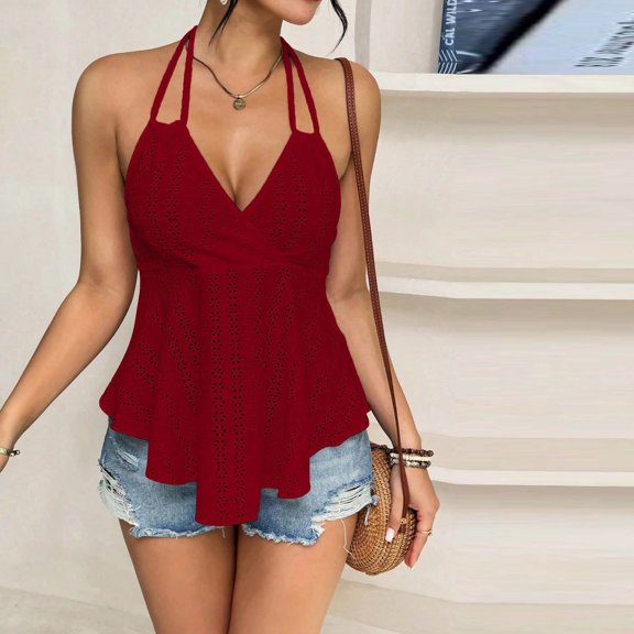 Lmueinov Halter Tank Tops for Women Sleeveless Ruffle Hem Cami,Backless Tank for Summer Going Out Vacation Wear