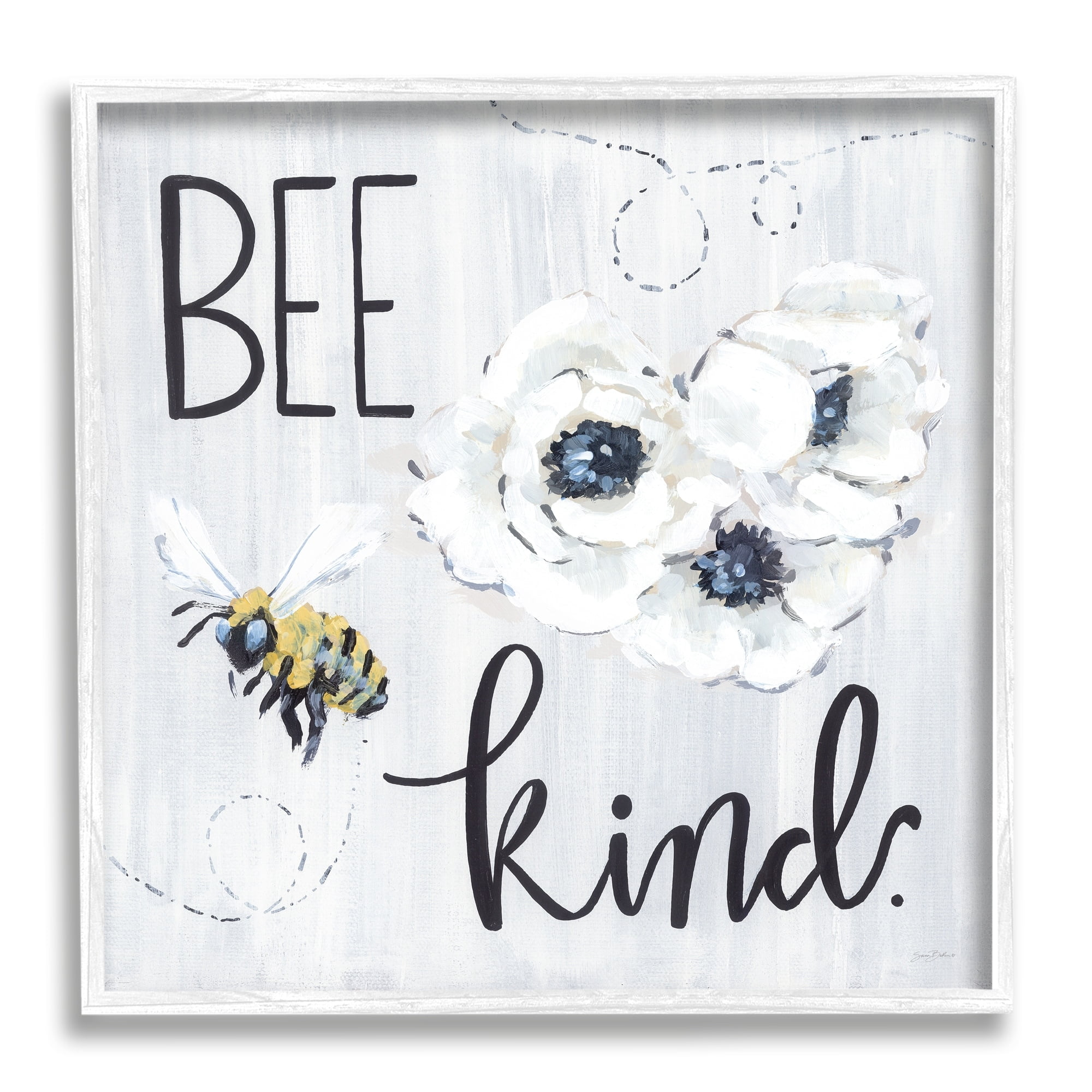 Stupell Industries Bee Kind Witty Bumble Insect Buzzing Blossoms Graphic Art White Framed Art Print Wall Art, Design by Sara Baker