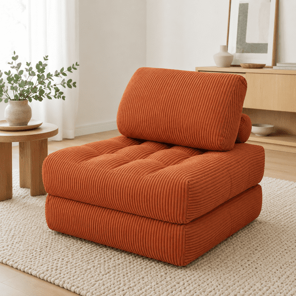 Foldable Floor Chair, 2-in-1 Convertible Corduroy Floor Sofa Chair with Lumbar Pillow, Adjustable Backrest Lounger, Orange