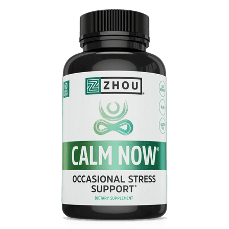 Zhou Calm Now Soothing Stress Support with B Vitamins, Ashwagandha, Magnesium & Zinc, Relax, Focus & Positive Mind, Non-GMO, Vegan, Gluten-Free, 30 Servings - 60 VegCaps