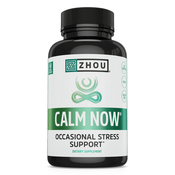 Zhou Calm Now Soothing Stress Support with B Vitamins, Ashwagandha, Magnesium & Zinc, Relax, Focus & Positive Mind, Non-GMO, Vegan, Gluten-Free, 30 Servings - 60 VegCaps