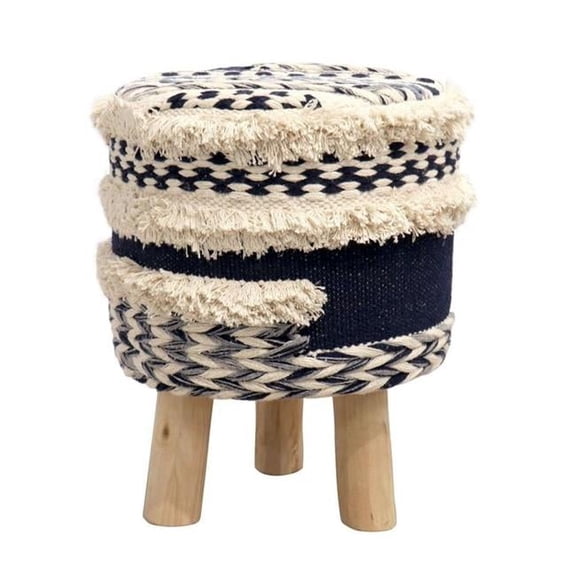 Pasargad Home Grandcanyon Handwoven Top Cotton Pouf Stool in Navy/Beige
