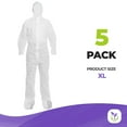thumbnail image 2 of White Disposable Coveralls for Men & Women, X-large. Pack of 5 Waterproof SMS Lab Coveralls 60 GSM with Hood, Boots, Elastic Wrists. Unisex Tear Resistant Painters Suit Disposable, 2 of 9