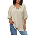 thumbnail image 3 of BXINGOHAI Women's Button Down Shirts Summer 3/4 Length Sleeve Tops Basic Ladies Tees Beige,4XL, 3 of 7