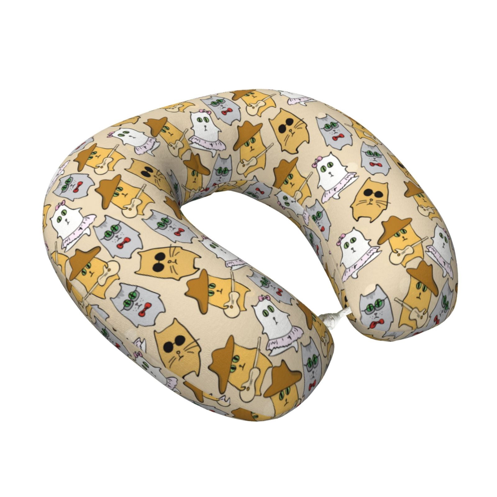 Xecao Music Dancing Cat Print Memory Foam Cervical Neck Pillow Versatile U-Shaped Pillows for Home,Office,Camping,Travelling,Soft Washable Cover
