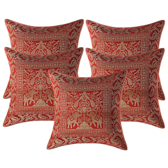 Stylo Culture Indian Couch Throw Pillow Covers 16x16 Jacquard Peacock Red Traditional 40x40 cm Home Decor Brocade Elephant Zippered Square Cushion Covers | Set Of 5