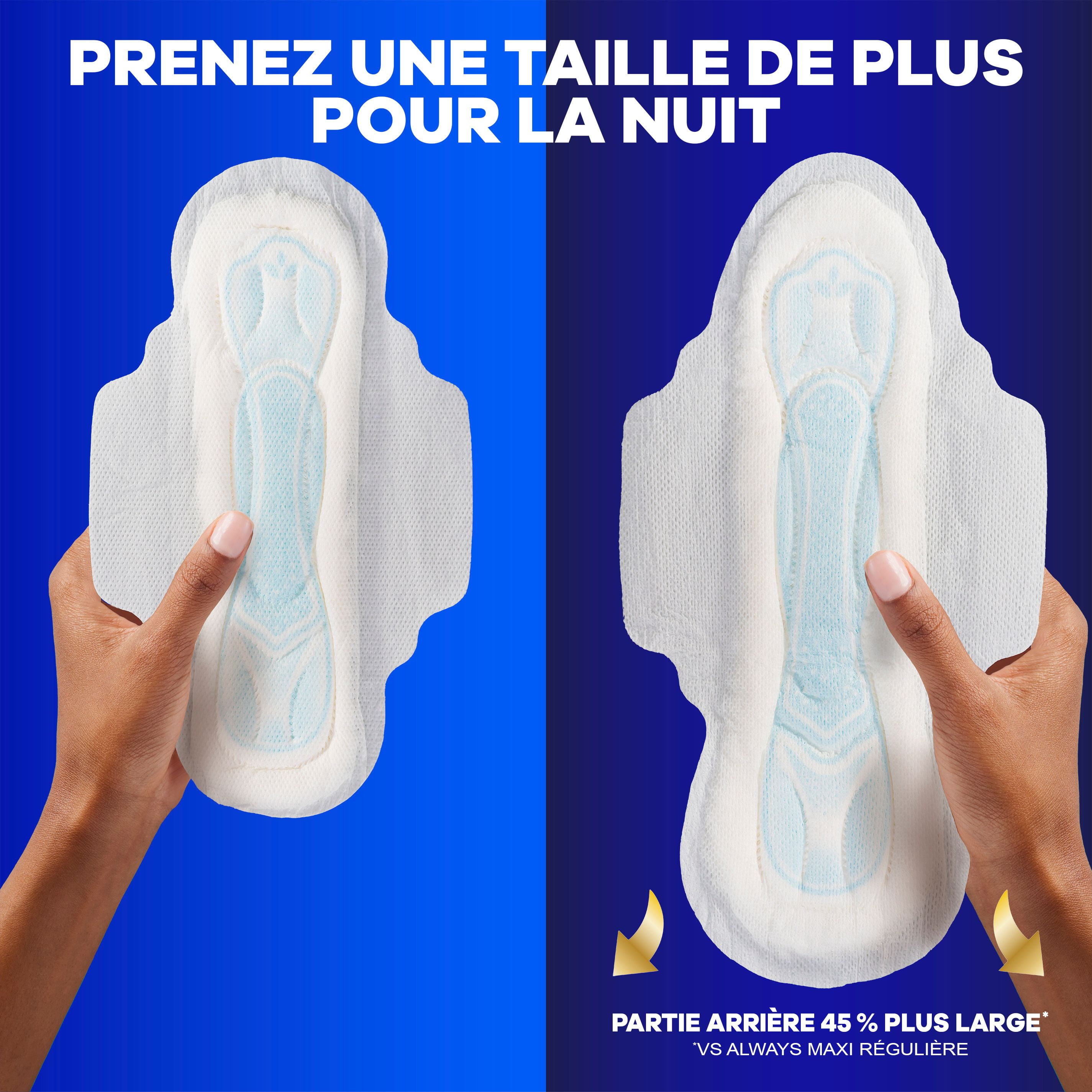 Serviettes Always Maxi de nuit, degré d’absorption de nuit, avec ailes, pour femmes, taille 4, non parfumées 26CT