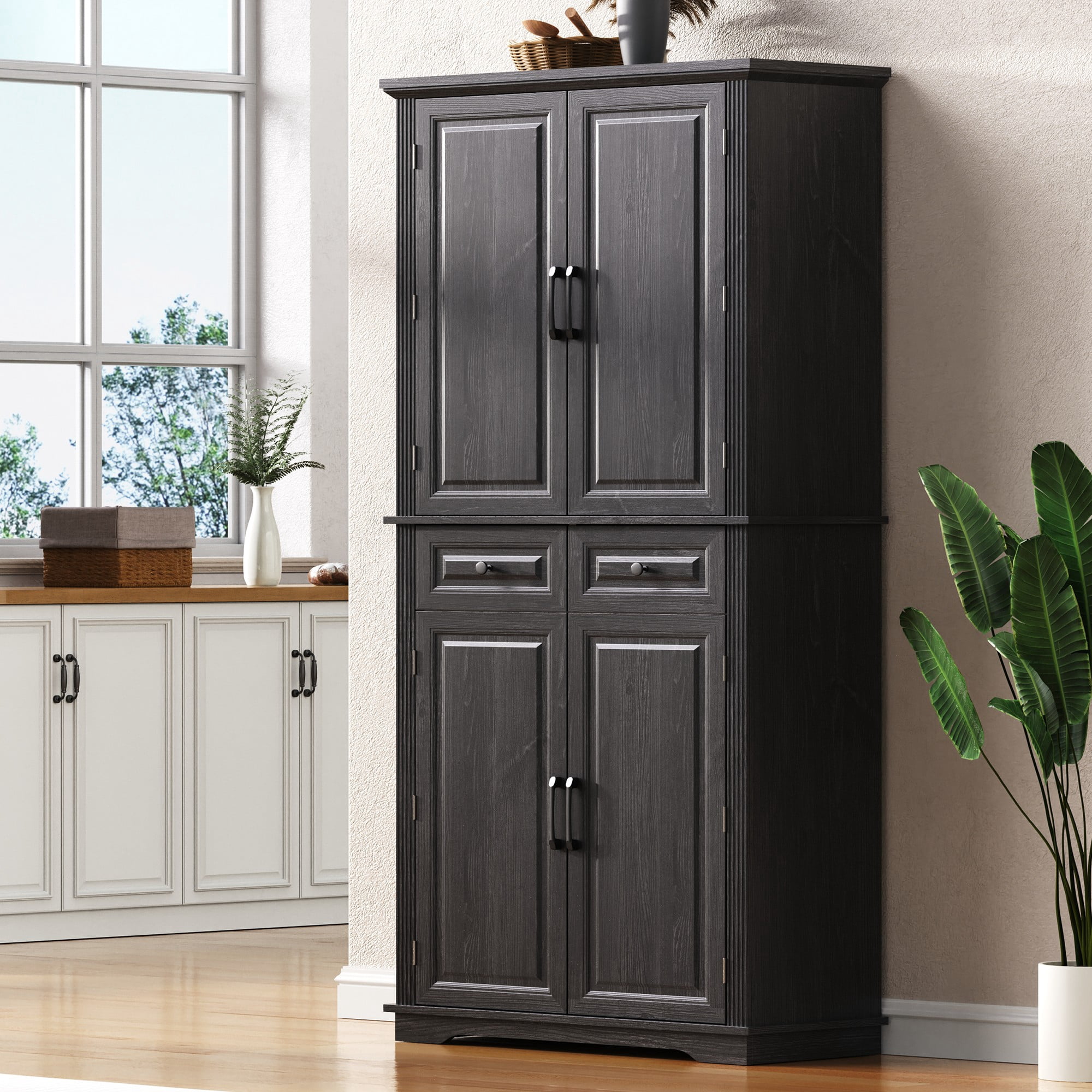 Euroco Woodgrain Kitchen Pantry Cabinet with Pull-Out Organizers, 6 Door Shelves, and Adjustable Storage – 71" Tall Freestanding Pantry with Vintage-Inspired Design