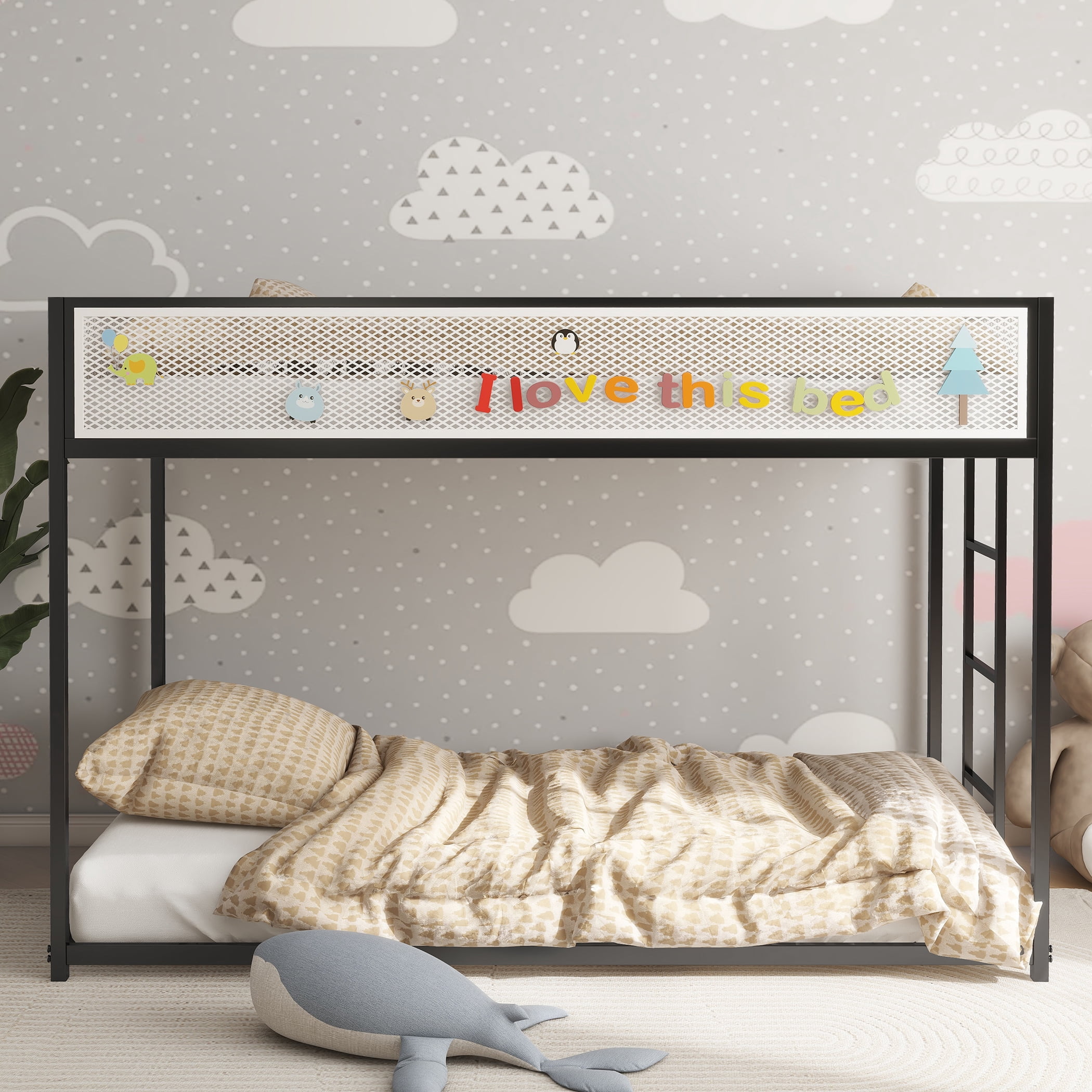 Miniyam Twin over Twin Bunk Bed with Mesh Guardrail for Kids and Teens, Black