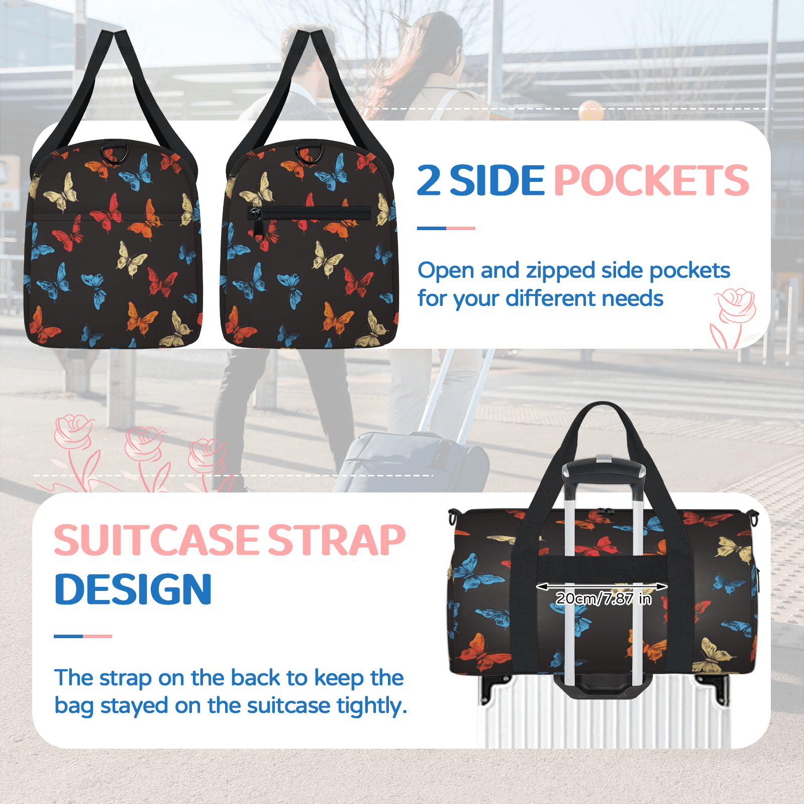 Herdesigns Butterflys Travel Duffle Bag Sports Yoga Weekender Overnight Carry on Workout Bags Lightweight Waterproof Gym Tote Bag for Women