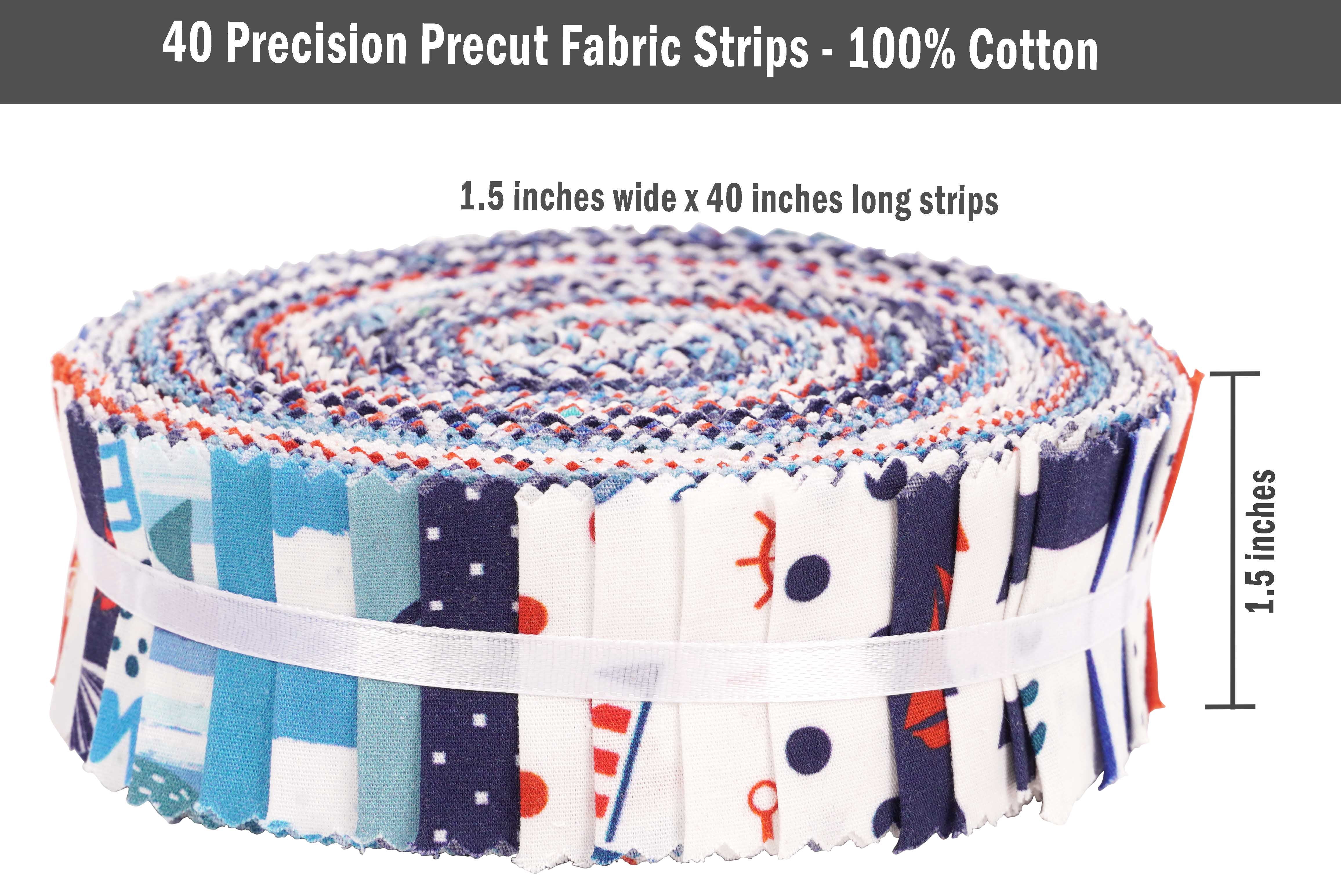Soimoi 40Pcs Nautical Print Precut Fabrics Strips Roll Up 1.5x42inches Cotton Jelly Rolls For Quilting - Blue, Red & White