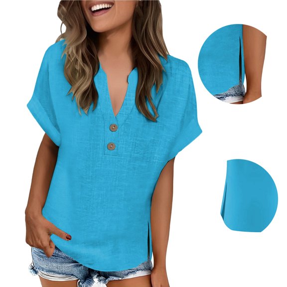 T Shirts For Women Womens Tops Fashionable Casual V Neck Button Short Sleeved Slit Top T Shirt