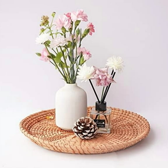 11inch Round Decor Rattan Centerpiece Tray for Candle Vase Holder Keys Remote Tray for Entryway Table Bread Serving Tray for Coffee Table Home Decor$$Home Decor, Kitchen, & Other