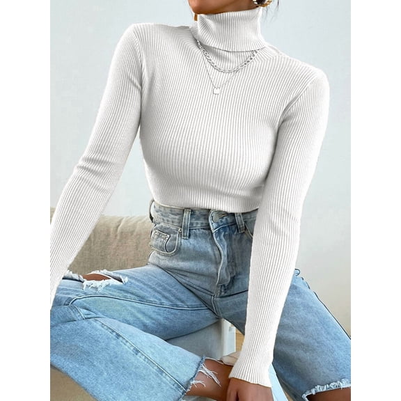Women Solid White Ribbed Turtleneck Fitted Long Sleeve Sweater, Casual