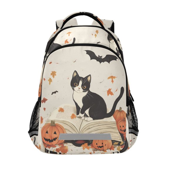 FORMRS Unisex Backpack Elementary School Travel Bookbag with Reflective Stripes, Gray Cartoon Halloween Cat