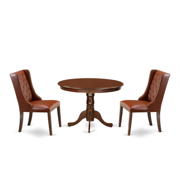 East West Furniture HLFO3-MAH-46 3-Pc Kitchen Table Set Includes 1 Pedestal Dining Table and 2 Brown Linen Fabric Upholstered Dining Chairs with Button Tufted Back - Mahogany Finish