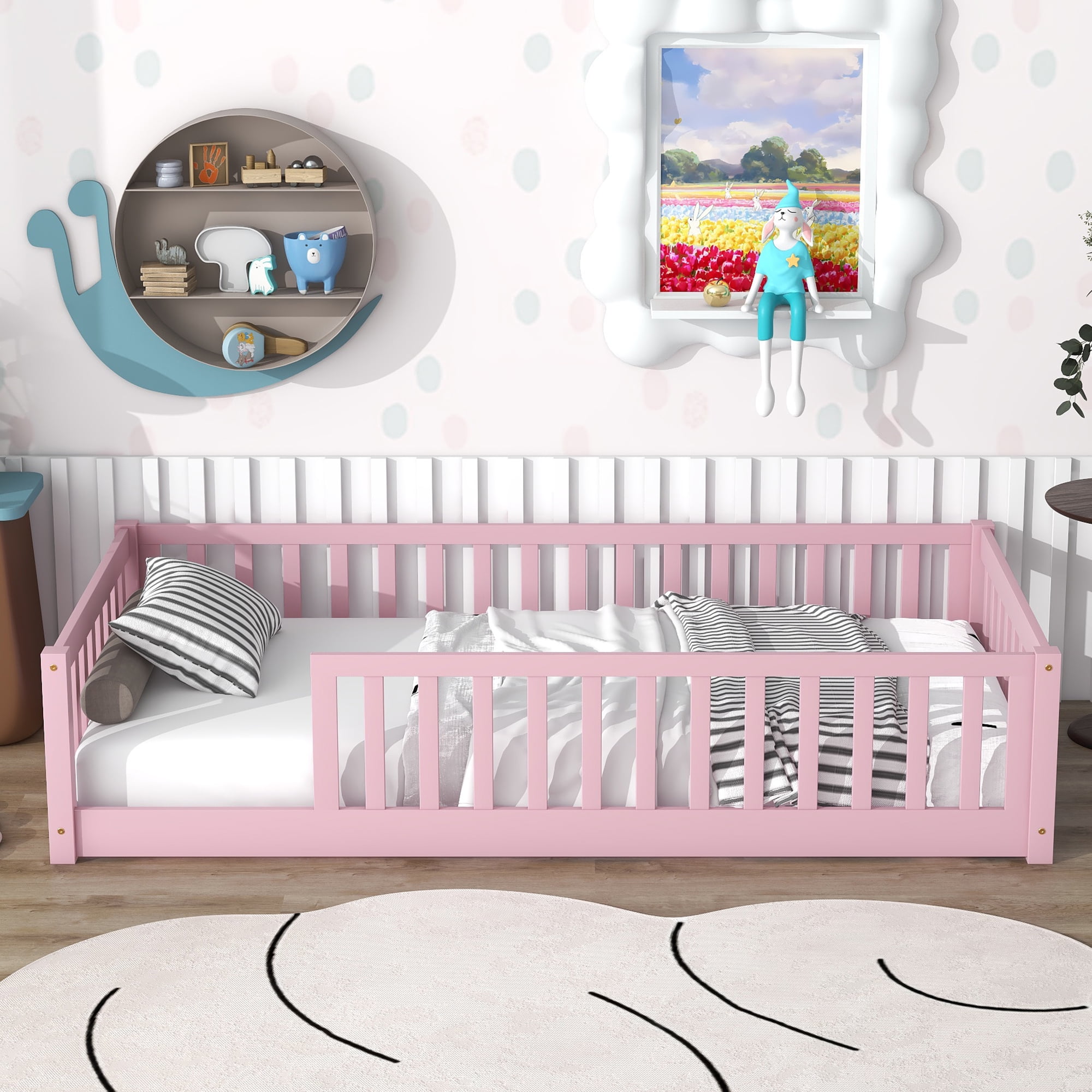 Miniyam Kids Floor Bed Frame with Rails, Montessori Platform Bed with Slats for Nursery, Pink