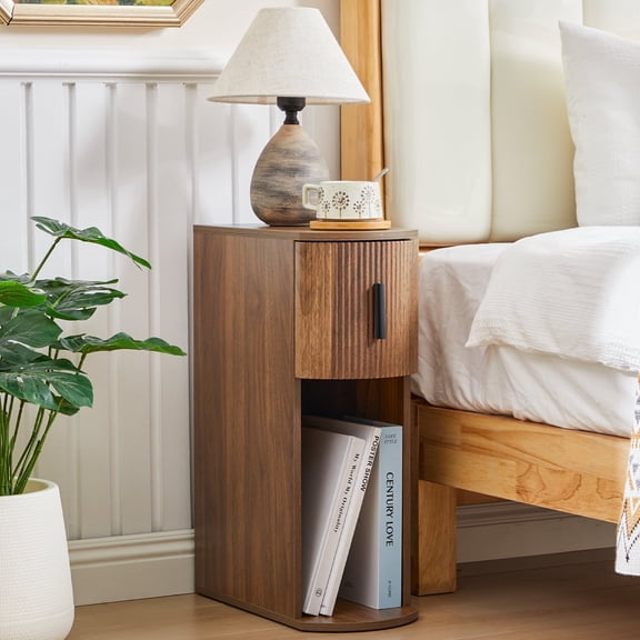 LEFHDA Narrow Nightstands for Living Room, Slim Bedside Cabinets Small Spaces, Mid-Century Modern Wooden Farmhouse End Tables for Bedroom(Walnut)